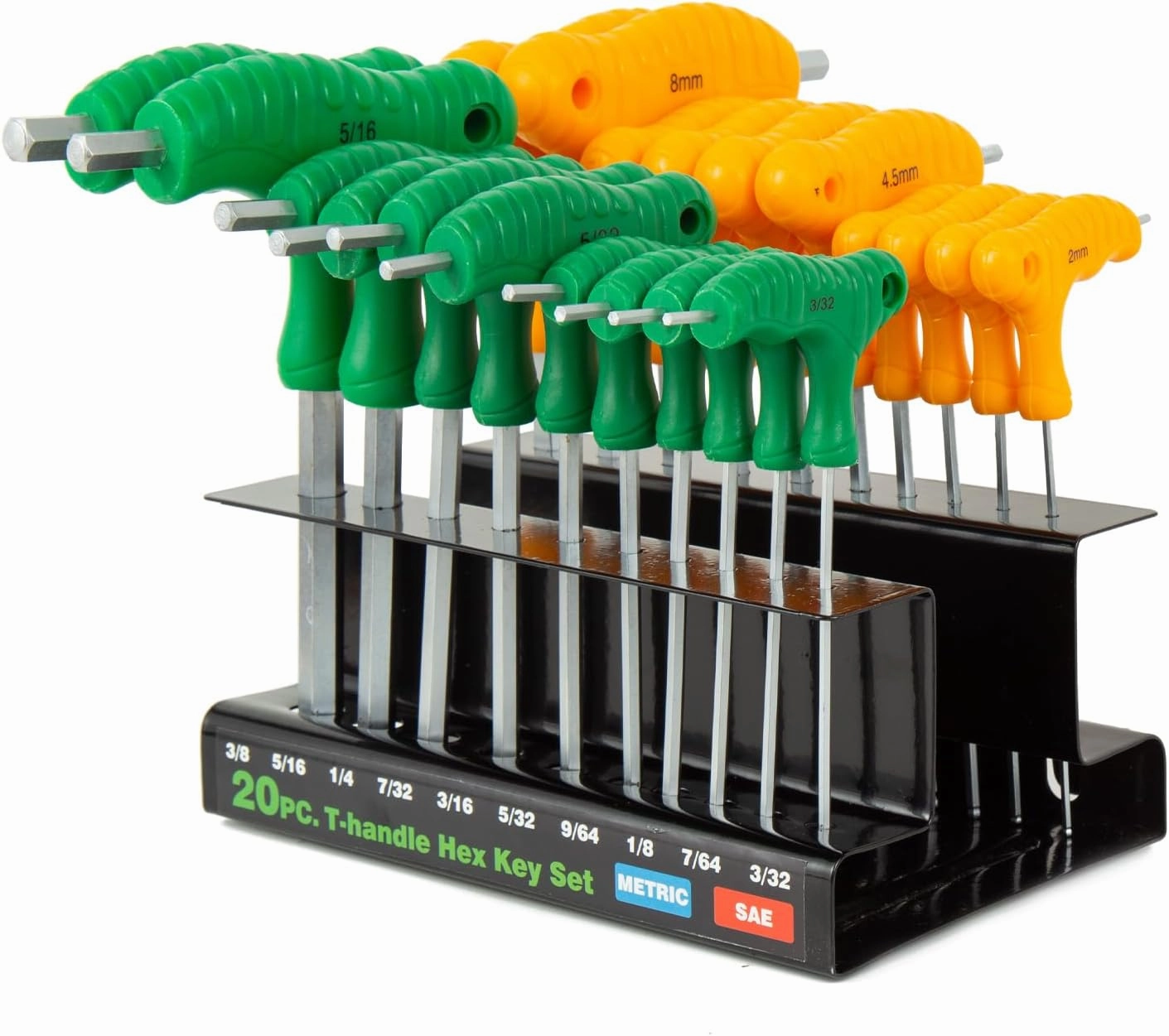 20-Piece T Handle Allen Wrench Set, Ball End Allen Wrench Set, Inch/Metric Long-Arm Ball-End Design, Metric(2mm-10mm) and SAE(3/32"-3/8")