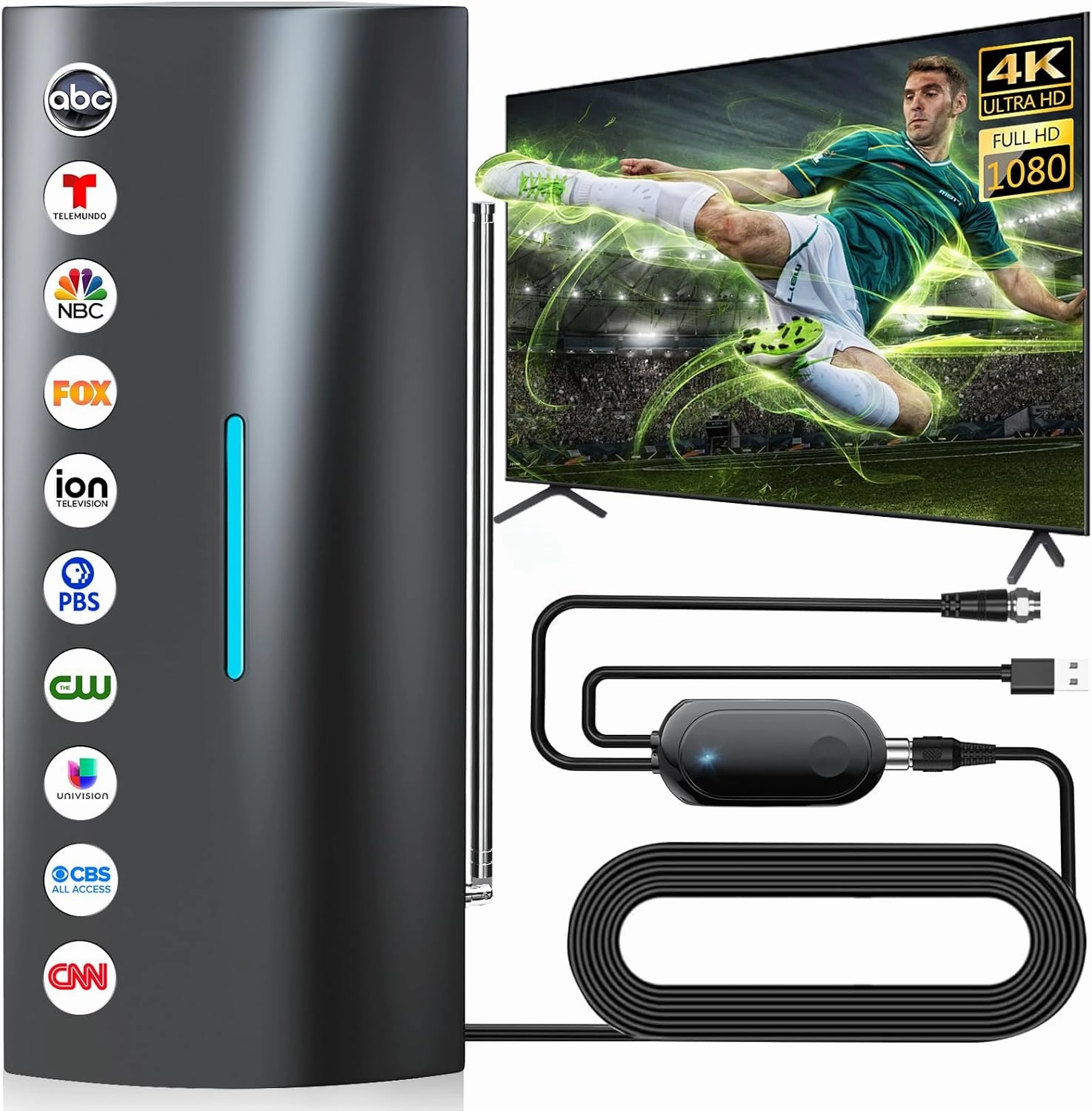 2200  Miles Range TV Antenna Indoor, Digital Antenna for Smart TV with Amplifier, Long Range Outdoor HDTV Antenna, 360° Reception Supports 8K, 4K for Smart and Old TVs - 38ft Coax Cable