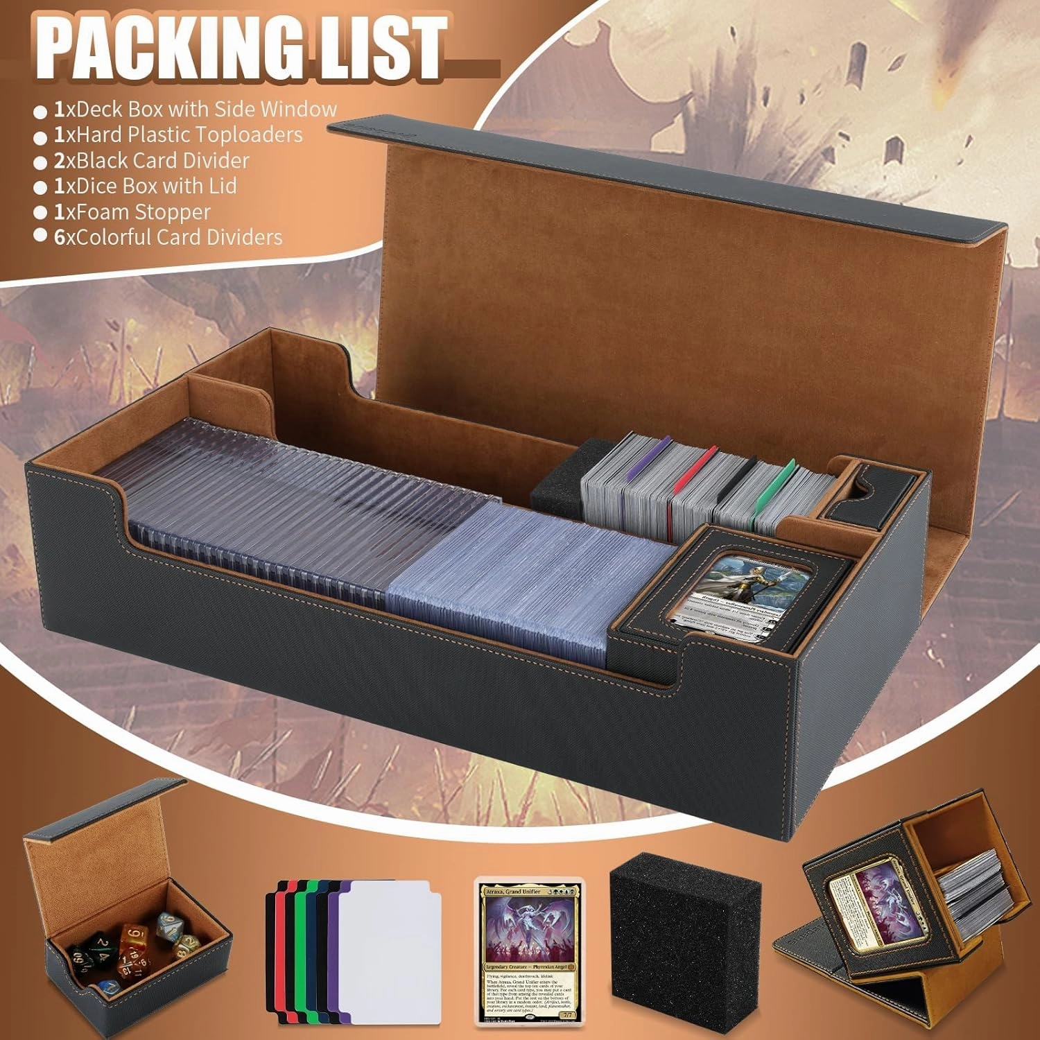 2200  MTG Deck Box Leather Magnetic Closure Commander Organiser, Holds 5 Small Deck Boxes, Includes 1 Small Deck Box, 8 Dividers, 1 Foam Stopper, 1 Toploader, Black/Brown