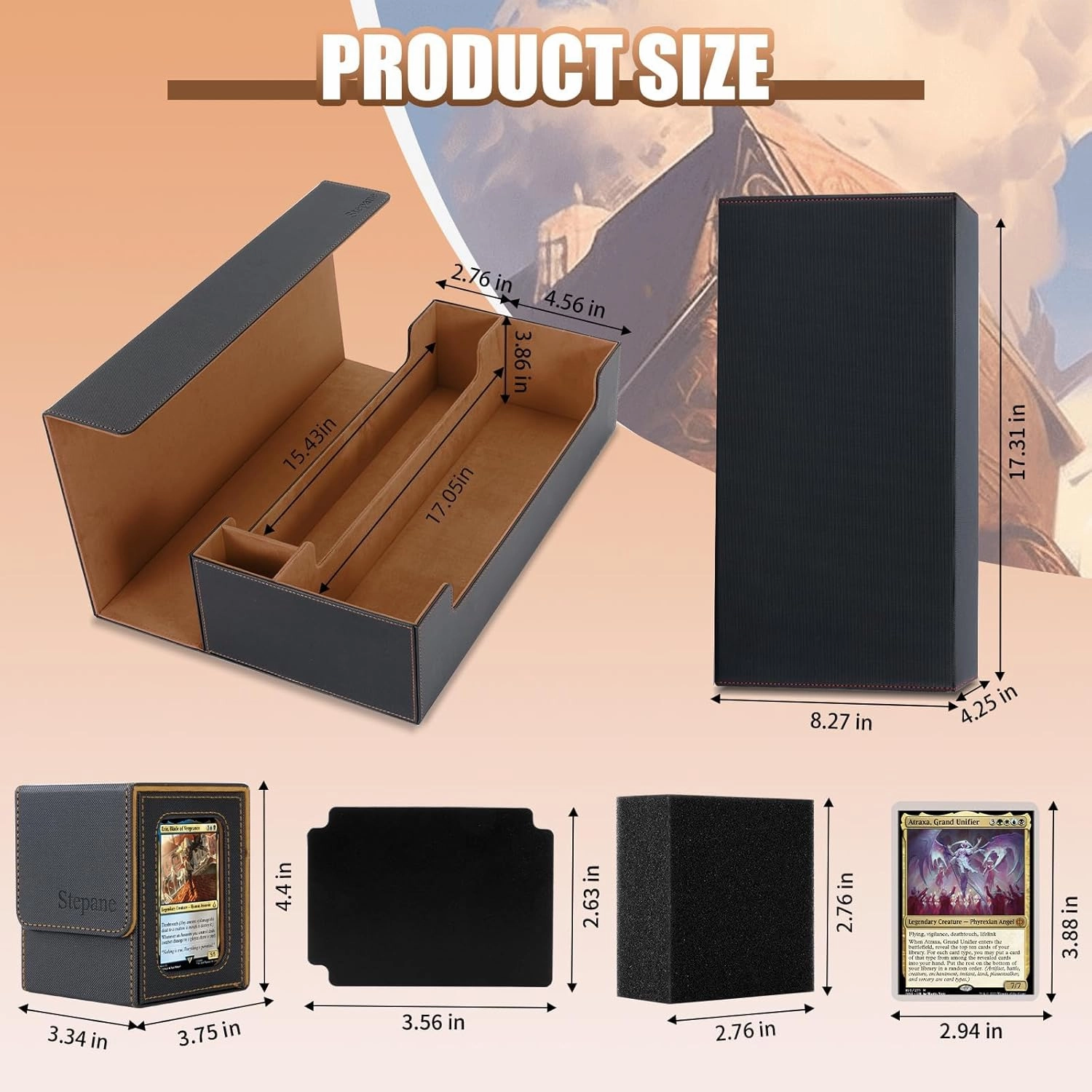 2200  MTG Deck Box Leather Magnetic Closure Commander Organiser, Holds 5 Small Deck Boxes, Includes 1 Small Deck Box, 8 Dividers, 1 Foam Stopper, 1 Toploader, Black/Brown