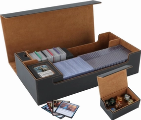 2200  MTG Deck Box Leather Magnetic Closure Commander Organiser, Holds 5 Small Deck Boxes, Includes 1 Small Deck Box, 8 Dividers, 1 Foam Stopper, 1 Toploader, Black/Brown