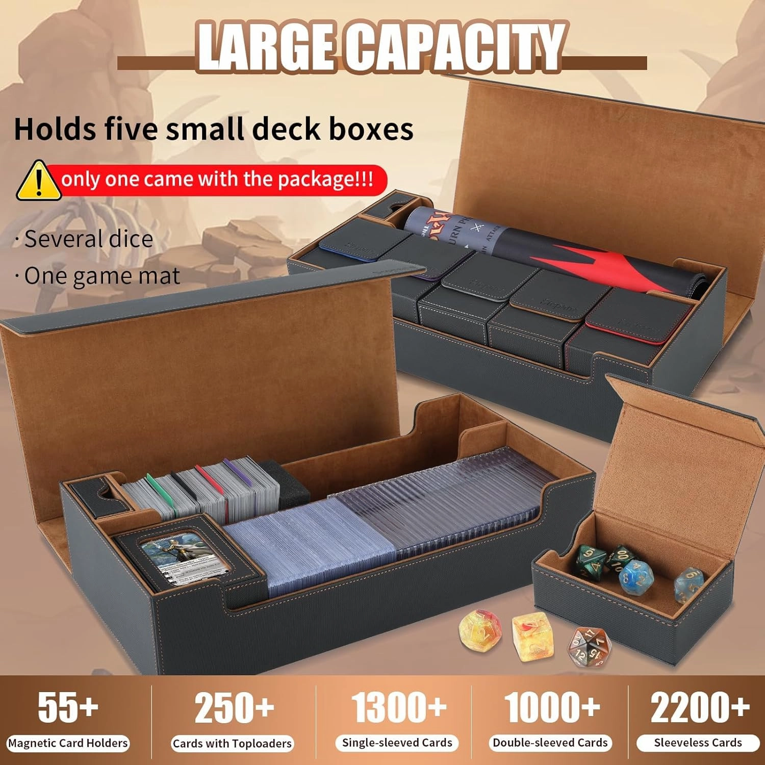 2200  MTG Deck Box Leather Magnetic Closure Commander Organiser, Holds 5 Small Deck Boxes, Includes 1 Small Deck Box, 8 Dividers, 1 Foam Stopper, 1 Toploader, Black/Brown