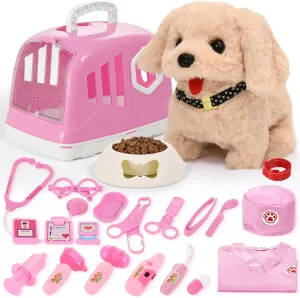 24Pcs Dog Toys for Kids Doctor Kit, Walking Barking Electronic Interactive Stuffed Dog Vet Kit Costume, Puppy Pet Care Veterinarian Set, Doctor Play Gifts for Kids Girls 3 4 5 6  Year Old(Pink