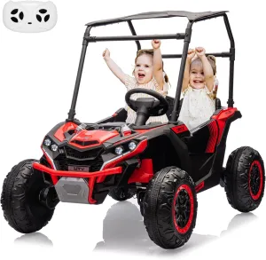 24V Kids Ride On Utv Toys, Electric Off-Road Car for Kids,2-Seater 4WD Electric Truck with Sun Shade,Remote Control, Led Lights, 4 Shock Absorbers, One-Click Start, and Music Player(Red)