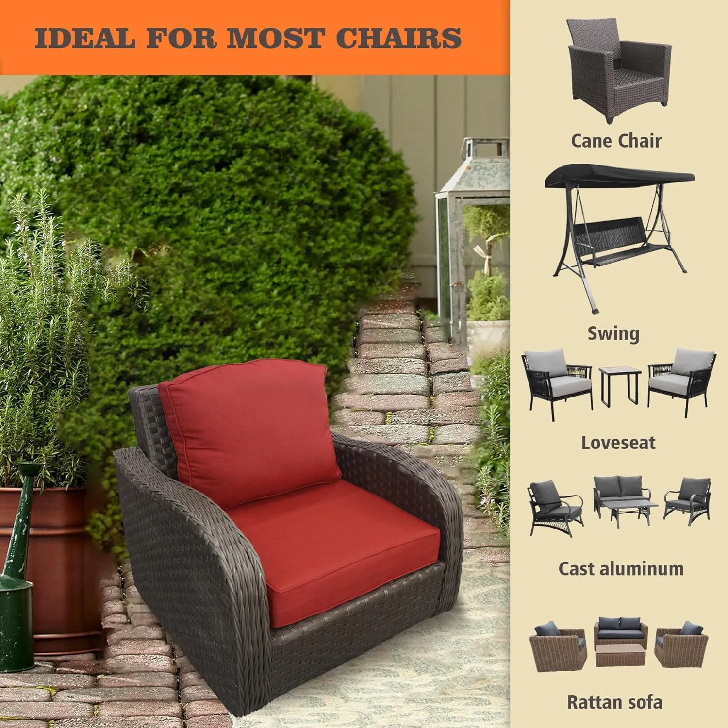 24x24 inch Outdoor/Indoor Deep Seat Patio Cushions Set of 2 Resilient Foam Filling Water Repellent Stain-Resistant UV Resistant Weather Resistant Deep Seat Bottom Chili