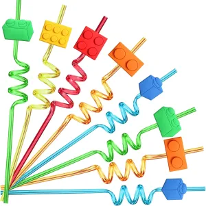 25 Building Blocks Party Favors Brick Block Drinking Straws for Building Blocks Birthday Party Supplies with 2 PCS Straws Cleaning Brush