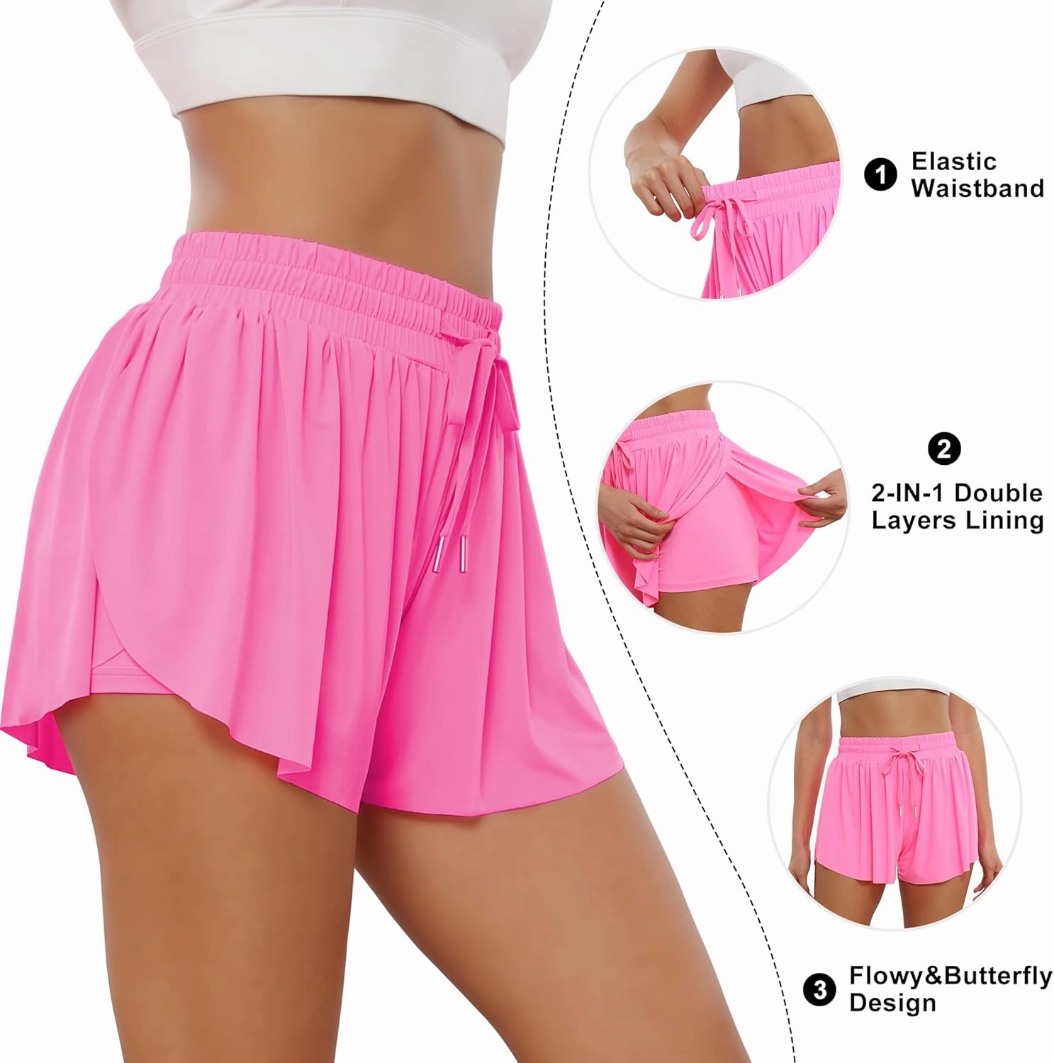 2 in 1 Flowy Athletic Shorts for Women - Gym Double Layer Butterfly Shorts Pack
