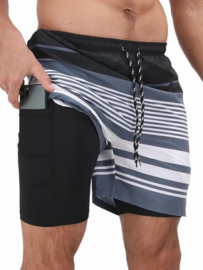 2 in 1 Men's Hawaii Print Swim Trunks with Compression Liner 5" Bathing Suits Quick Dry Shorts with Pockets