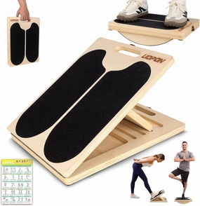 2 In 1 Wooden Slant Board & Balance Board, Portable 6 Angle Adjustable Calf Stretch Board with Training Poster, 300lb Weight Capacity Calf Ankle Achilles Stretcher for Physical Therapy, Squat, Core Strength