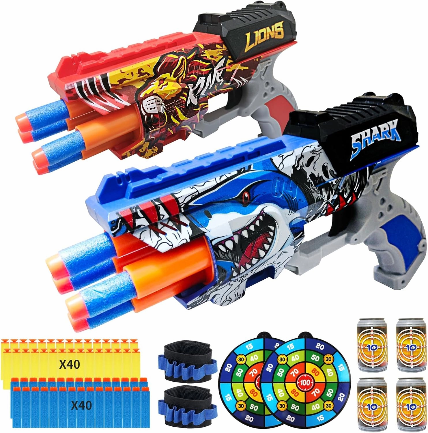 2 Pack Doodle Blaster Guns Boys for Toy, Shark & Lion Toys Birthday Gifts for Kids,Gun Toys Christmas Stocking Stuffing Party Supplies, 80 Soft Foam Darts Bullets,6 Targets & 2 Wrist Strap.