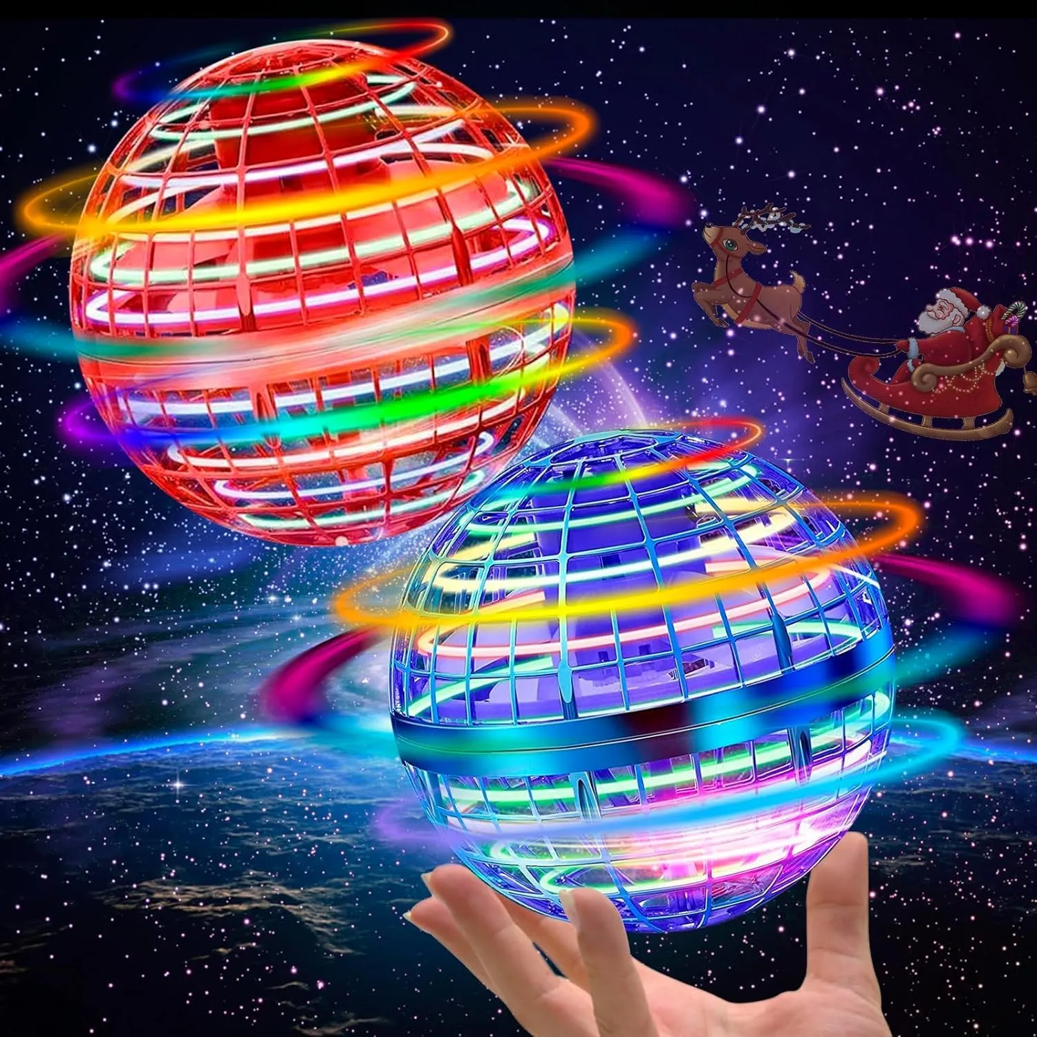 2Pack Flying Orb Ball Toy - 2024 Upgraded Magic Flying Orb Toy with LED Light 360°Rotating, Boomerang Flying Ball Toys Indoor Outdoor Fun Games, for Boys Girls Adults (Blue Red)