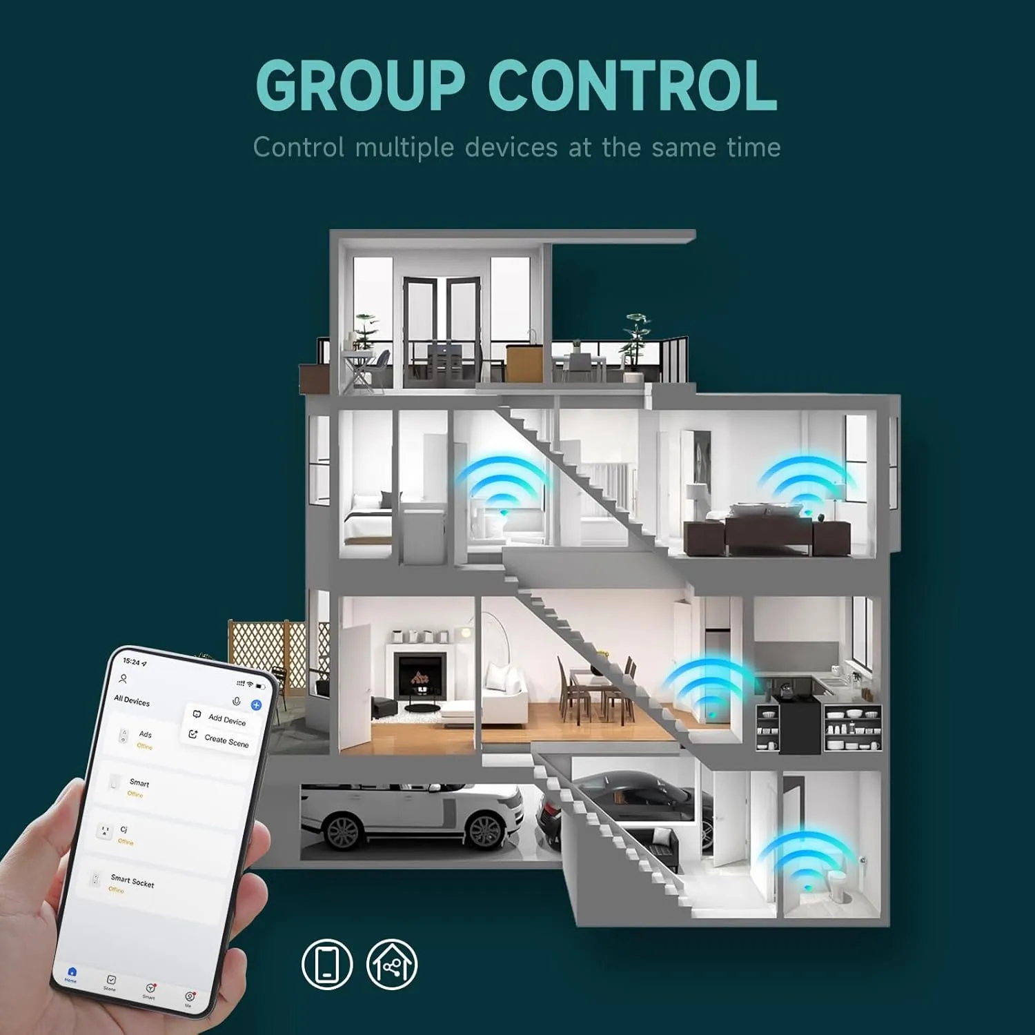 2Pack Smart Power Wall Outlet, 15 Amp WiFi Socket Divided Control, Remote Control by Smartphone, Compatible with Alexa and Google Home, No Hub Required, Black, ETL&FCC Listed, 2.4G WiFi Only