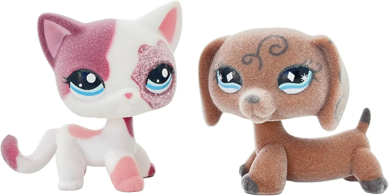 2pcs Custom-Made Flocked Animal Figure Fuzzy Collie Great Dane Dachshund Cocker Spaniel Dog Short Hair cat Old Pet Shop Toy Birthday Party Favor (#2291 and #640)