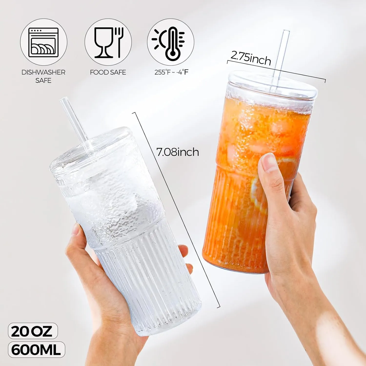 2PCS Glass Cups with Lids and Glass Straws, 20OZ Iced Coffee Cups, Home Essential and Coffee Bar Accessories Borosilicate Glass Tumblers with Lid and Straw for Beer, Cocktail, Tea and Latte, Blue