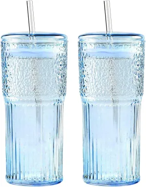 2PCS Glass Cups with Lids and Glass Straws, 20OZ Iced Coffee Cups, Home Essential and Coffee Bar Accessories Borosilicate Glass Tumblers with Lid and Straw for Beer, Cocktail, Tea and Latte, Blue