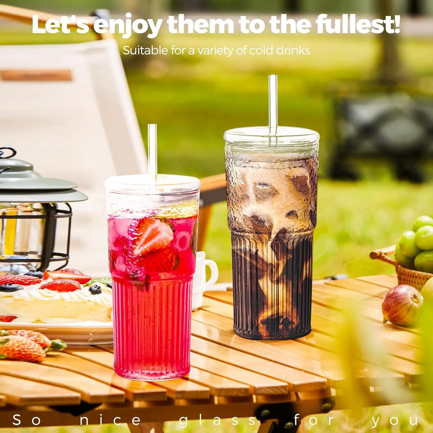 2PCS Glass Cups with Lids and Glass Straws, 20OZ Iced Coffee Cups, Home Essential and Coffee Bar Accessories Borosilicate Glass Tumblers with Lid and Straw for Beer, Cocktail, Tea and Latte, Blue