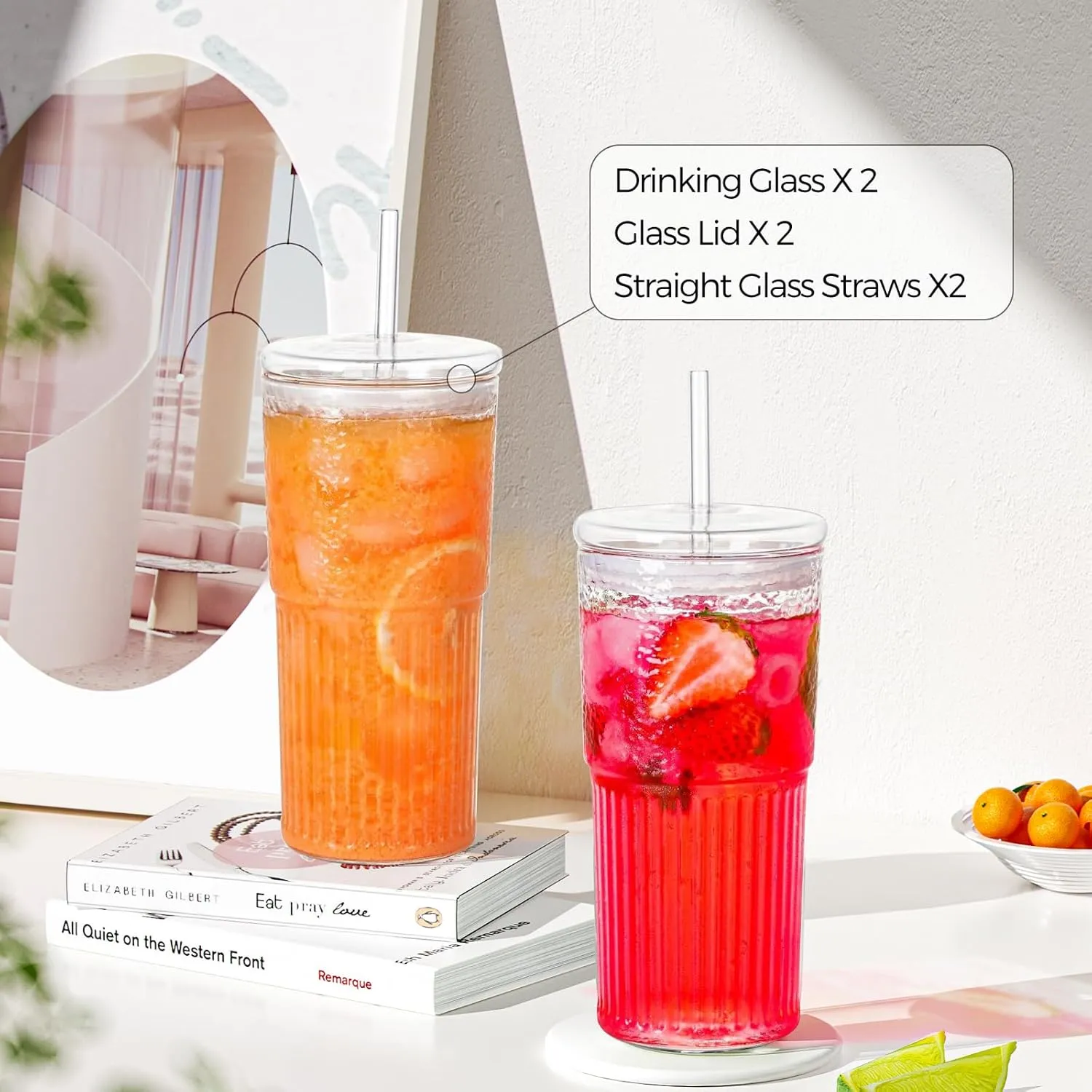 2PCS Glass Cups with Lids and Glass Straws, 20OZ Iced Coffee Cups, Home Essential and Coffee Bar Accessories Borosilicate Glass Tumblers with Lid and Straw for Beer, Cocktail, Tea and Latte, Blue