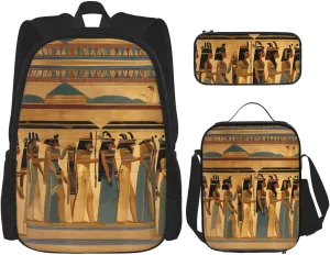 3-In-1 Backpack Bookbag Set,Women In Ancient Egypt Print Casual Travel Backpacks,With Pencil Case Pouch, Lunch Bag