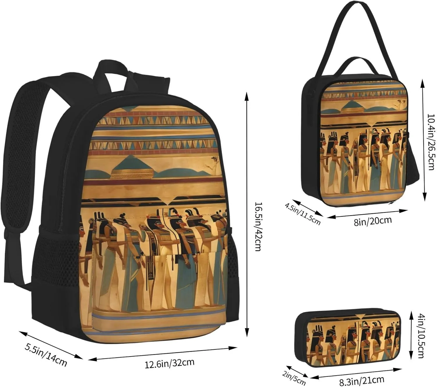 3-In-1 Backpack Bookbag Set,Women In Ancient Egypt Print Casual Travel Backpacks,With Pencil Case Pouch, Lunch Bag