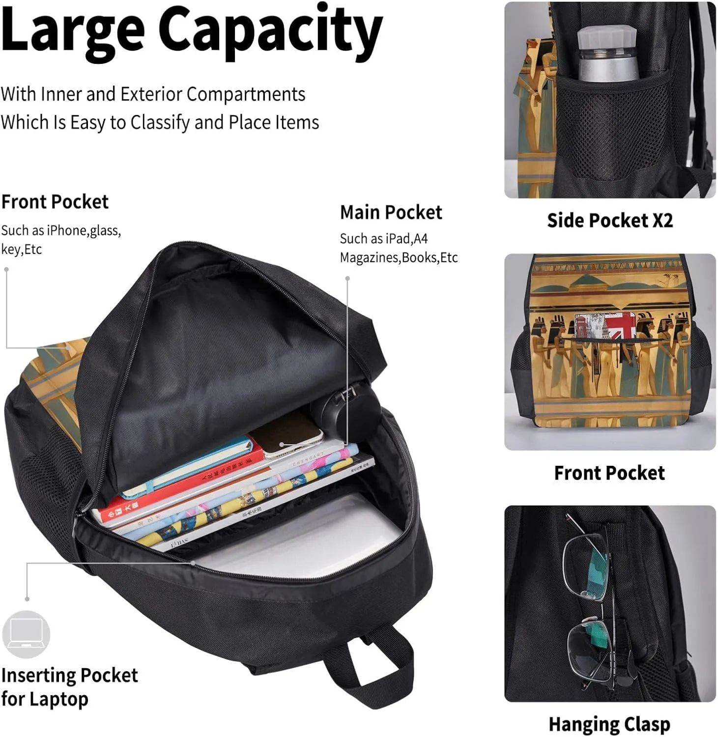 3-In-1 Backpack Bookbag Set,Women In Ancient Egypt Print Casual Travel Backpacks,With Pencil Case Pouch, Lunch Bag