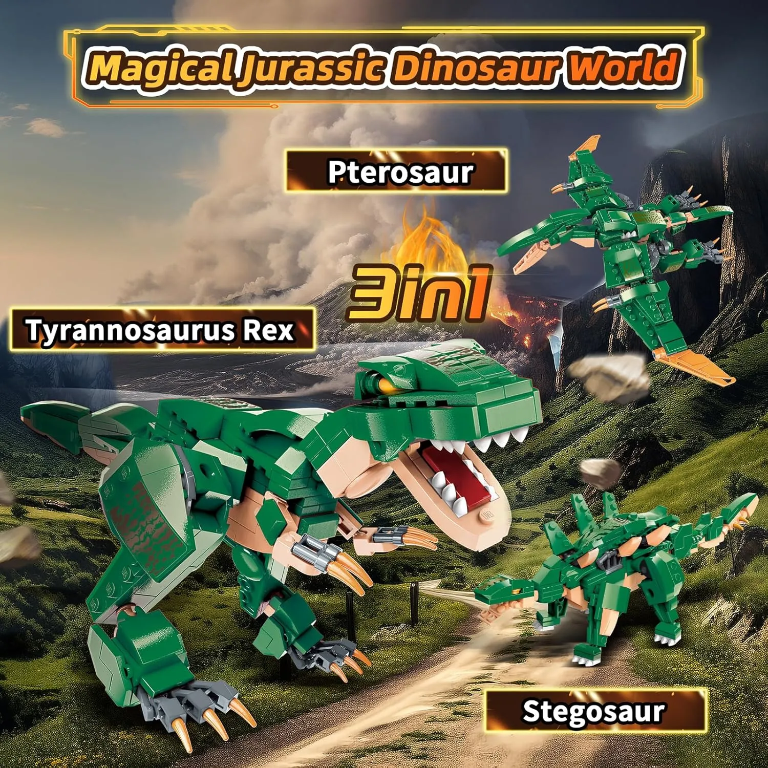 3 in1 Dinosaurs Building Blocks Toys for Kids Age 6-10 Year Old, Educational Building Sets Best Gifts for Boy 6-10 (Green)