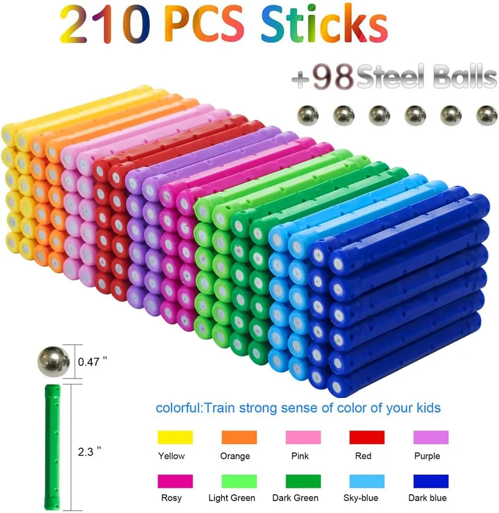 308 Pieces Magnetic Building Blocks Toys, Magnet Construction Build Kit Education Toys 3D Puzzle for Kids, Playing Stacking Game with Magnetic Bricks and Sticks, Color Random