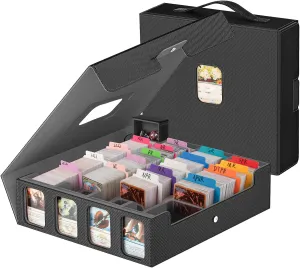 3200  Trading Card Storage Box with Commander Display, 4-Row Card Deck Box with Portable Handle, Compatible for YuGiOh/MTG/TCG Cards, 30 Colorful Divider, 8 Supporters, 1 Dice Tray (Black & Grey)