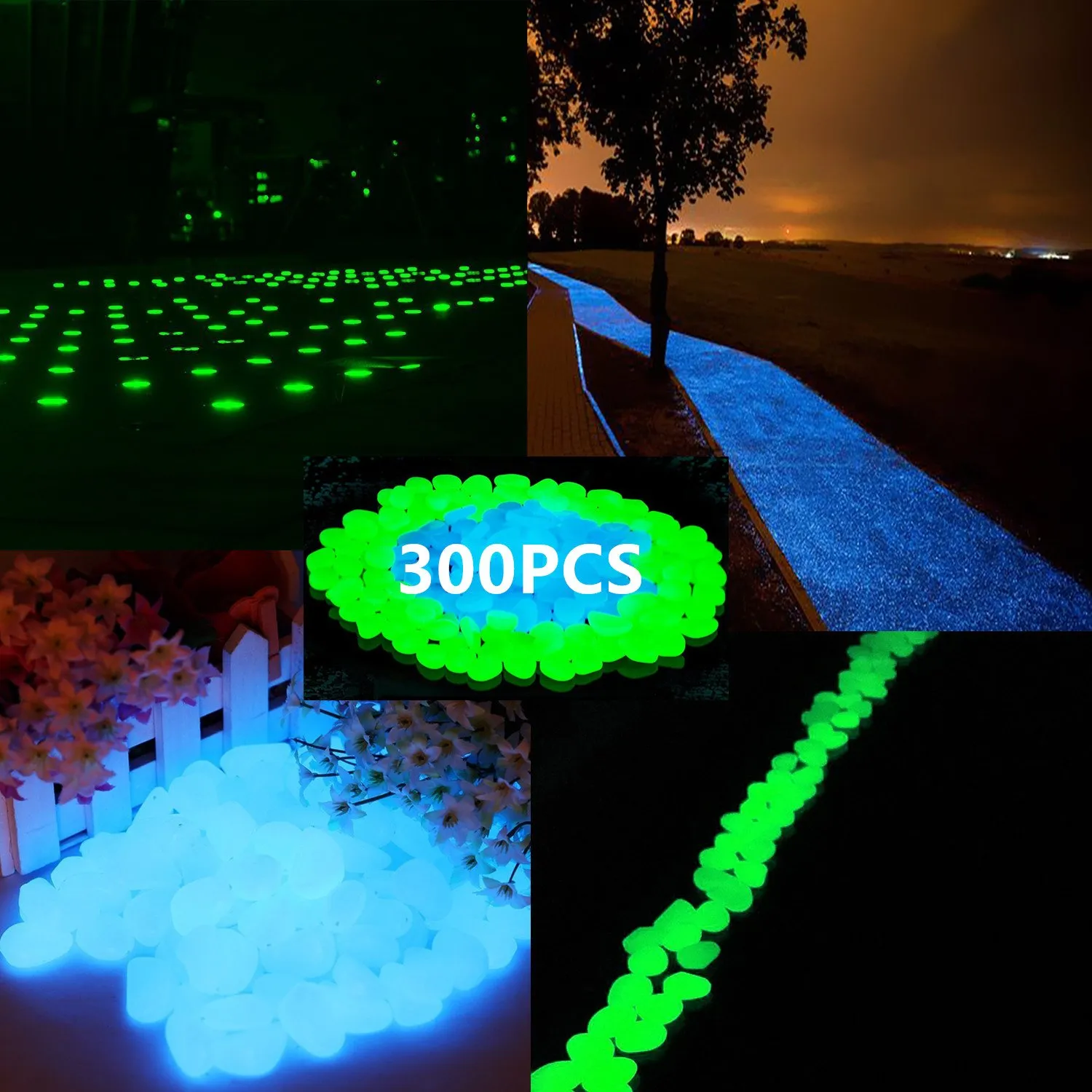 340pcs Glow in The Dark Garden Pebbles, Gardening Luminous Glow Stones Outdoor Decor Glowing Water Fish Tank Gravel (Blue Green)