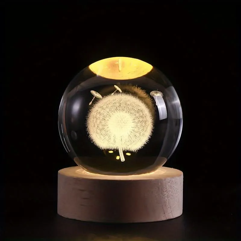 3D Laser-Carved Crystal Ball Night Light – LED USB Powered Desk Decor