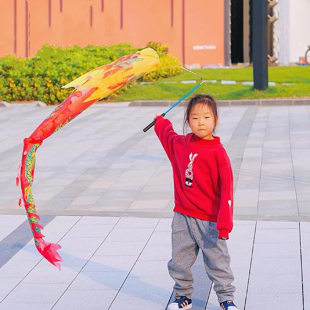 3D Flinging Dragon Dance Poi for Kids, Outdoor Exercise Cylinder-shaped Dragon Ribbon Streamer with Fiberglass Wand Flowy Toy Set