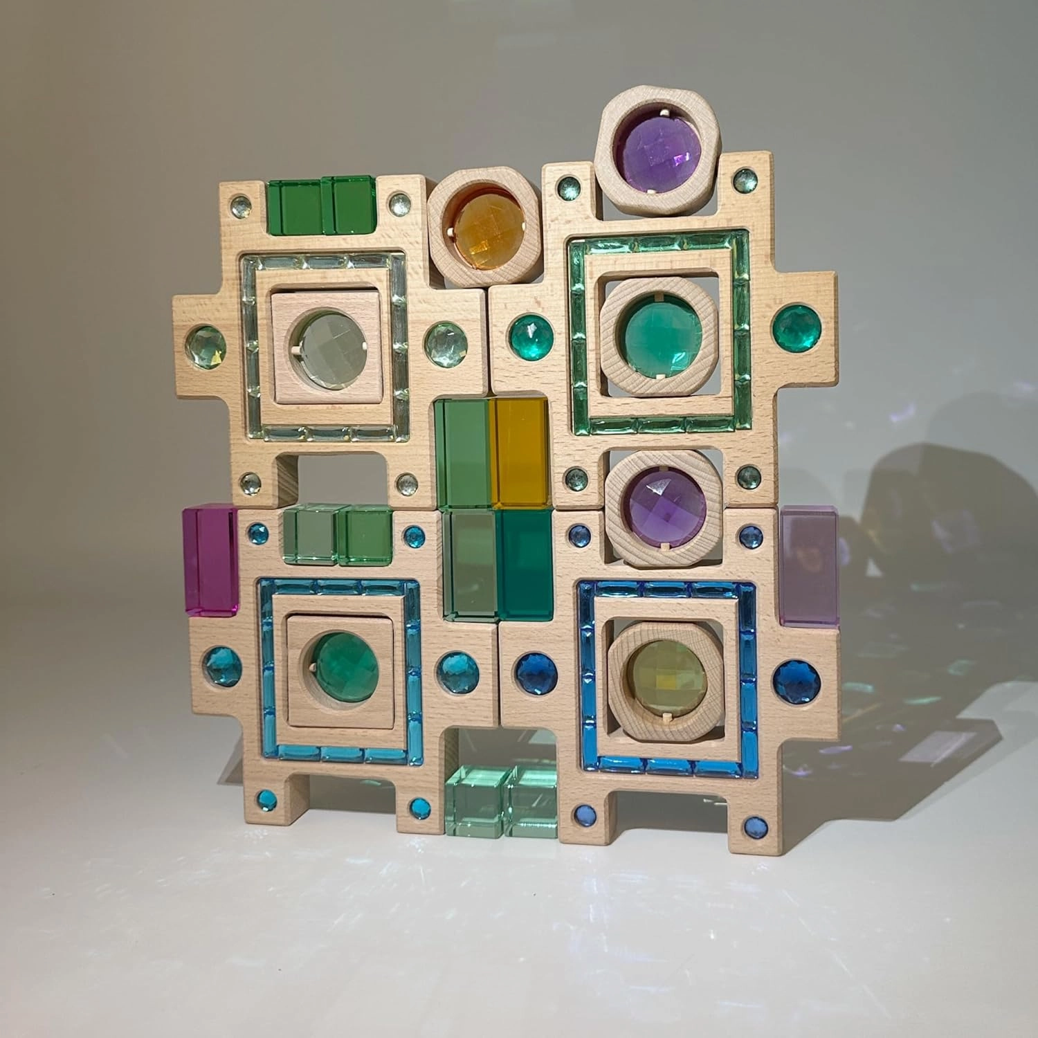 3PCS Wooden Blue Gem Acrylic Stacked Blocks, Colorful Trapezoidal Building Toys for Kids (3PCS Blue Set)