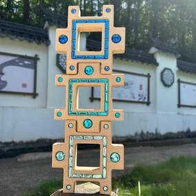 3PCS Wooden Blue Gem Acrylic Stacked Blocks, Colorful Trapezoidal Building Toys for Kids (3PCS Blue Set)