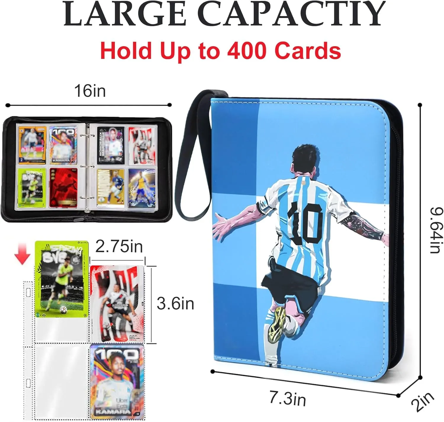 400 Pockets Soccer Card Binder for Soccer Trading Cards 2024-2025,Portable Waterproof Storage Bag with Removable Sleeves for Sports TCG Cards Collectors