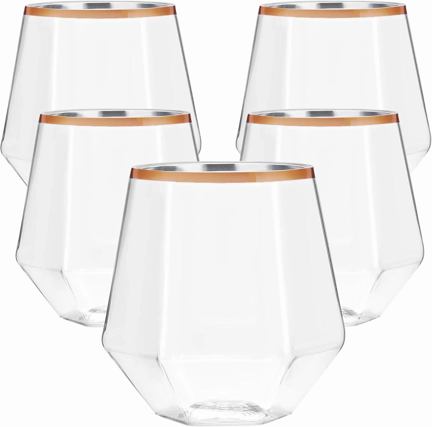 40 count Diamond Unbreakable Stemless Plastic Wine Champagne Whiskey Glasses Elegant Durable Disposable Indoor Outdoor Ideal for Home, Office, Bars, Wedding, 12 Ounce Cups Rose Gold Rim (Rose Gold)