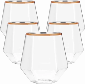 40 count Diamond Unbreakable Stemless Plastic Wine Champagne Whiskey Glasses Elegant Durable Disposable Indoor Outdoor Ideal for Home, Office, Bars, Wedding, 12 Ounce Cups Rose Gold Rim (Rose Gold)