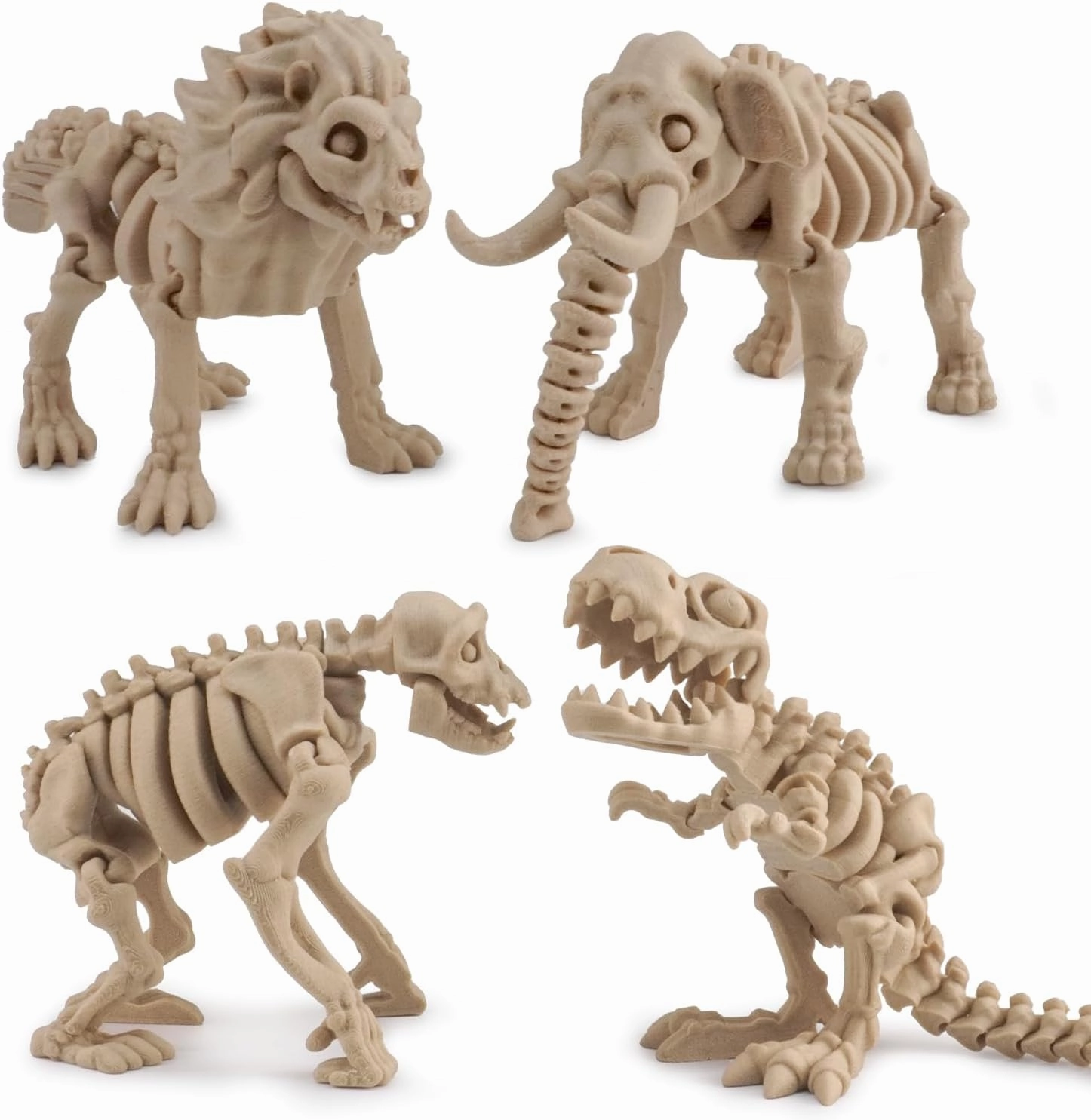 4-Pack Dinosaur & Prehistoric Animal Skeleton Toy Kit – Includes T-Rex, Mammoth, Lion & Gorilla – Poseable Jurassic Themed Decor STEM Figures, Collectible Fossil Models