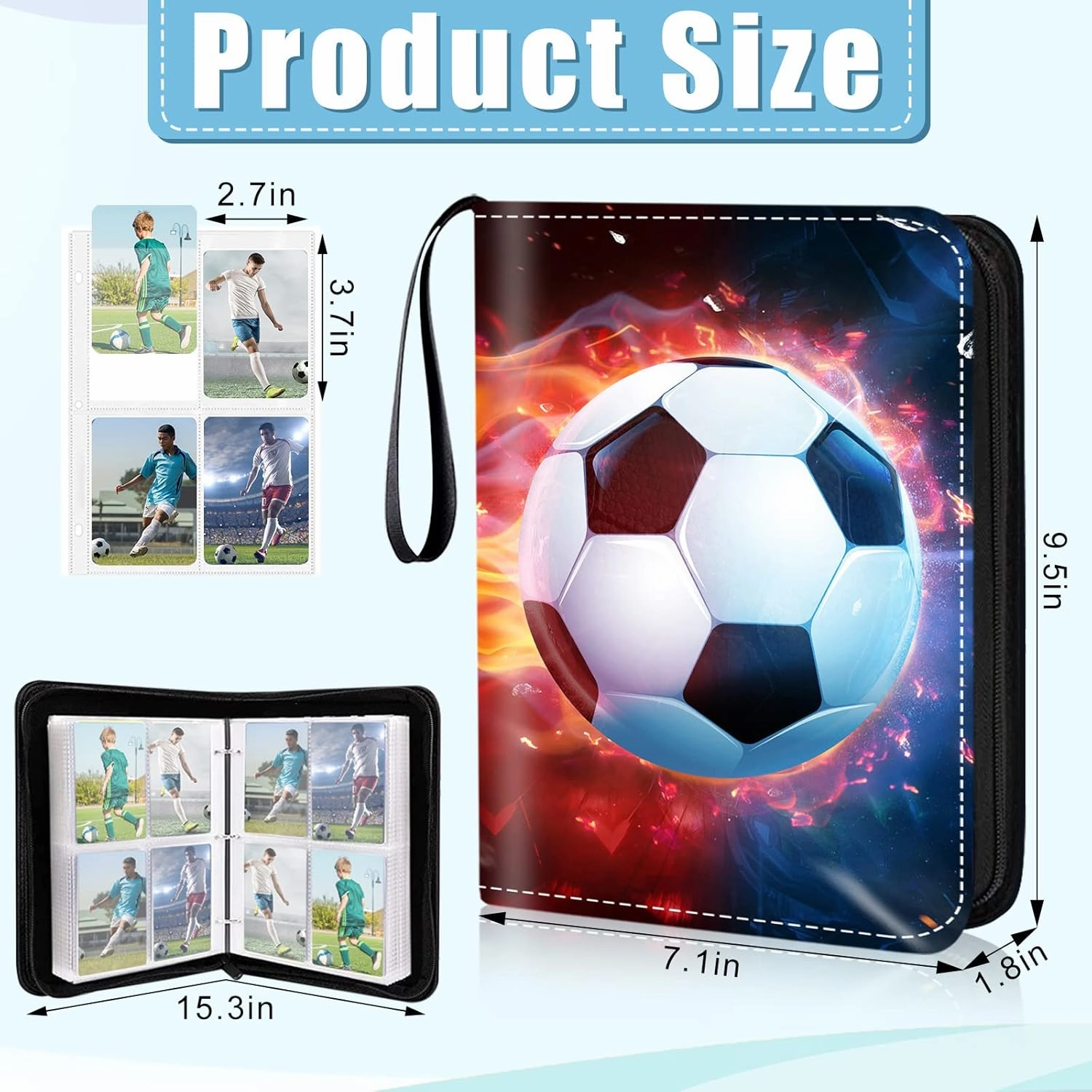 4 Pocket Soccer Cards Binder,Premium Zippered Trading Card Binder,400 Double Sided Pocket PU Collection Binder,Water Resistant, 3 Ring Collector Album,Card Folder for Sport Cards Display