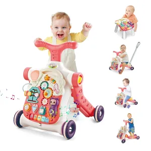 5 in 1 Baby Walker Sit-Stand Toy, Multifunctional Educational Baby Walker, Removable Play Panel with Music, Push Walkers for Babies 6-12 Months, Pink