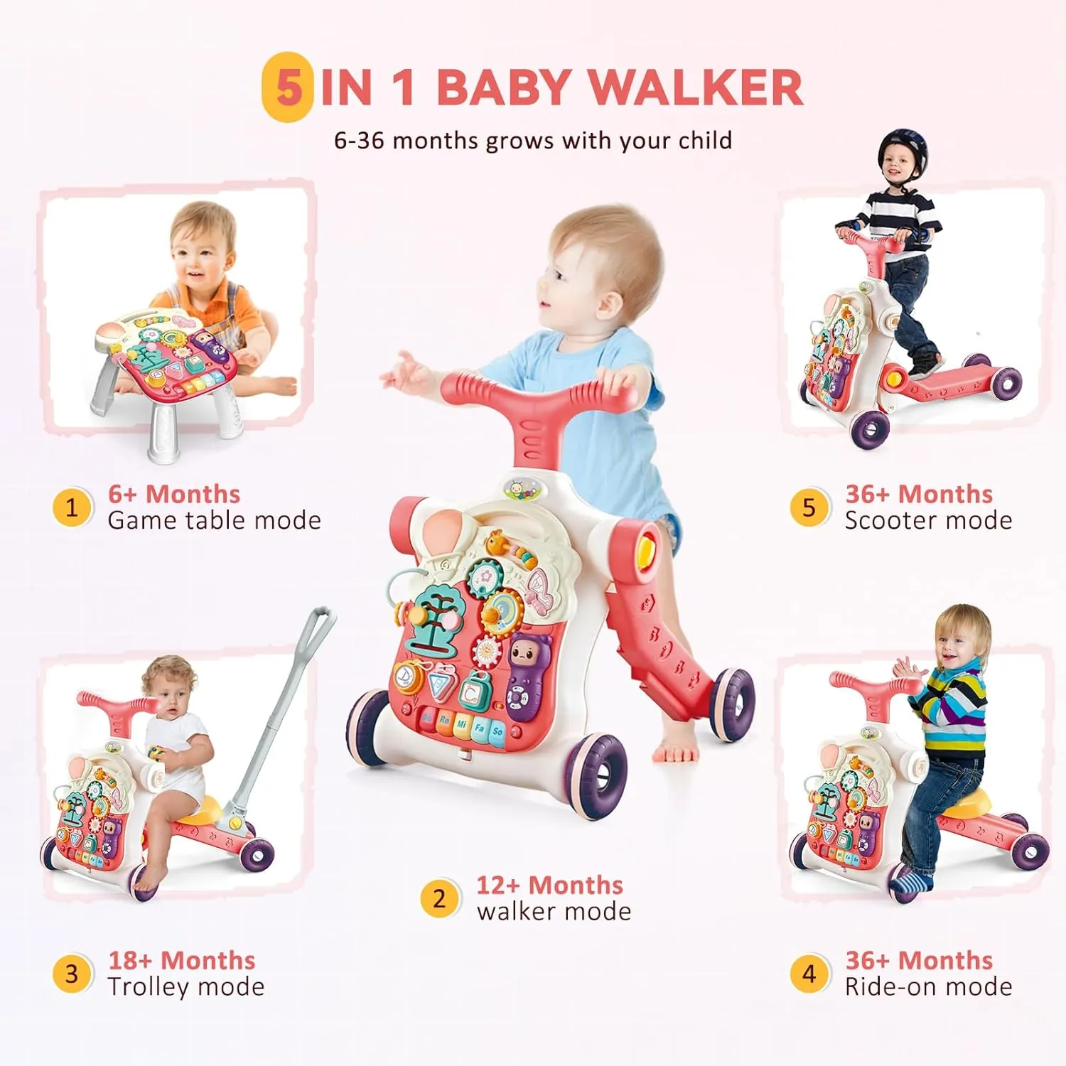 5 in 1 Baby Walker Sit-Stand Toy, Multifunctional Educational Baby Walker, Removable Play Panel with Music, Push Walkers for Babies 6-12 Months, Pink
