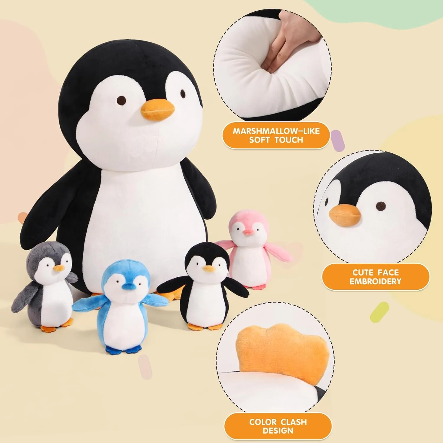 5 Pieces Penguin Stuffer Animals, Giant Penguins Plush Toy Mommy 16 Inch with 4 Baby Penguin Plushies in Her Tummy, Gifts for Kids Girls Boys, Birthday