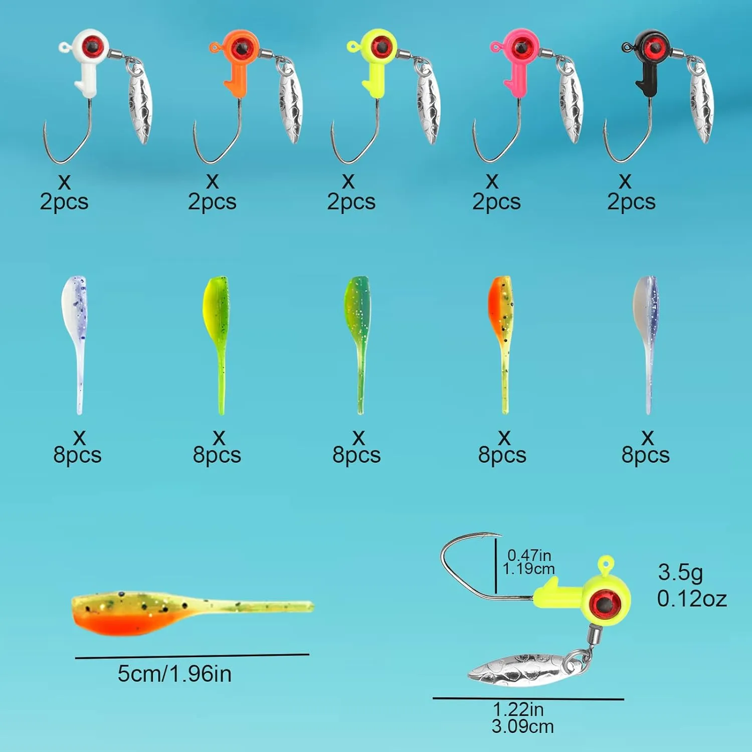 50pc Crappie Jigs Lure Set - 2in Bait, Jig Heads & Hooks for Versatile Fishing