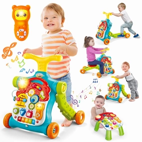 5 in 1 Baby Walker Sit-to-Stand Toys, Learning Walker for Boys Girls Toddler, Multifunctional Educational Activity Center Removable Play Panel, Push Walker Toys Gifts for Infant 6-18 Months