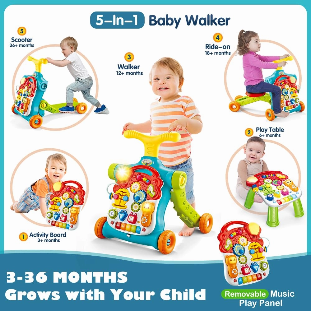 5 in 1 Baby Walker Sit-to-Stand Toys, Learning Walker for Boys Girls Toddler, Multifunctional Educational Activity Center Removable Play Panel, Push Walker Toys Gifts for Infant 6-18 Months