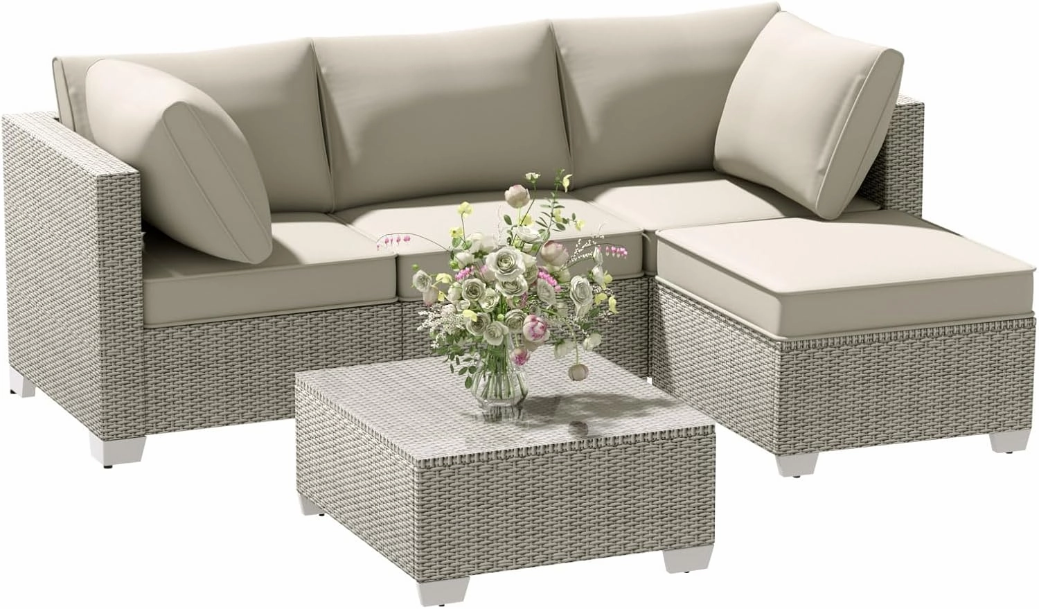 5 Piece Outdoor Patio Furniture Set with Ottoman & Tempered Glass Table - Rattan 3-Seater Patio Sectional Furniture Couch Set, Outdoor Conversation Sofa