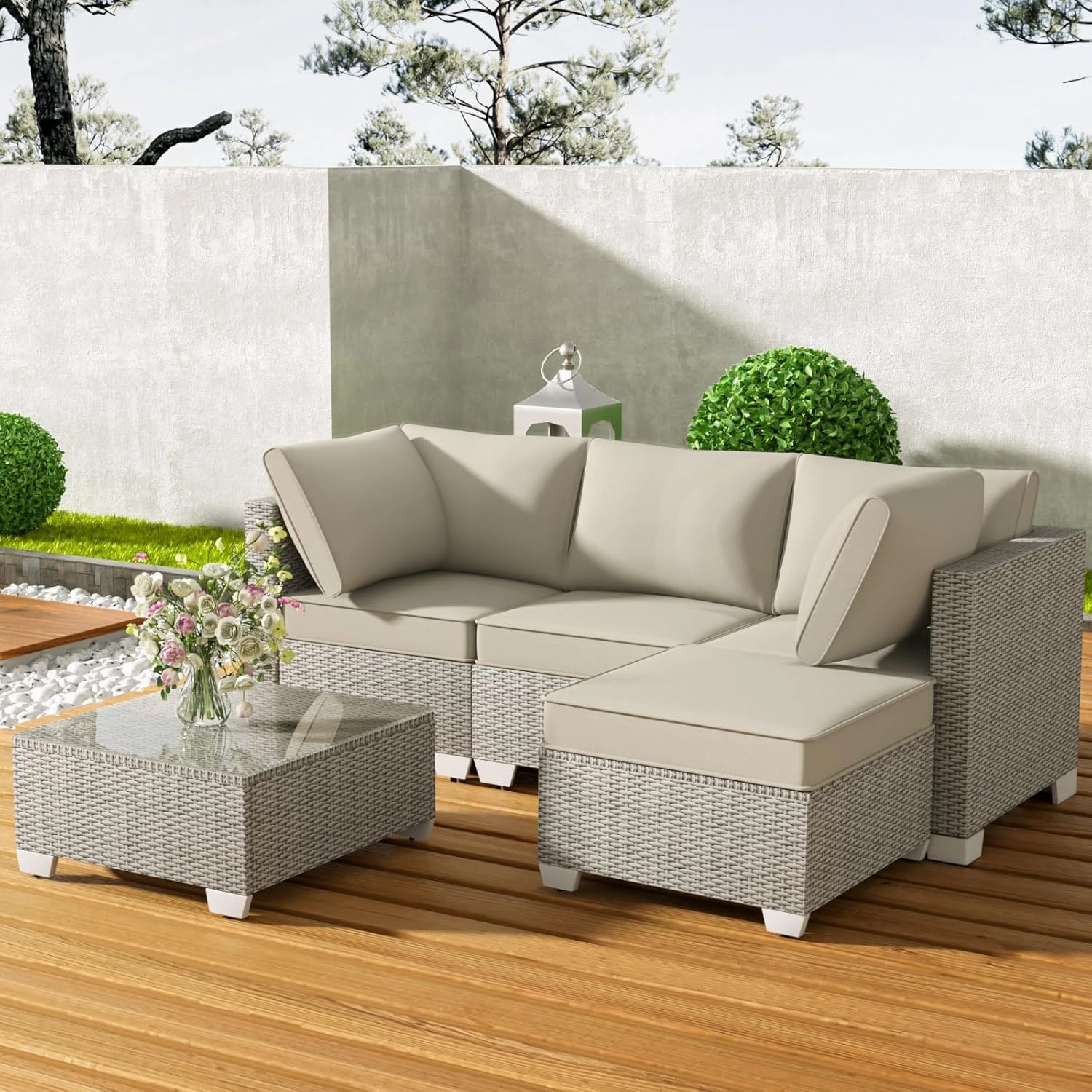 5 Piece Outdoor Patio Furniture Set with Ottoman & Tempered Glass Table - Rattan 3-Seater Patio Sectional Furniture Couch Set, Outdoor Conversation Sofa