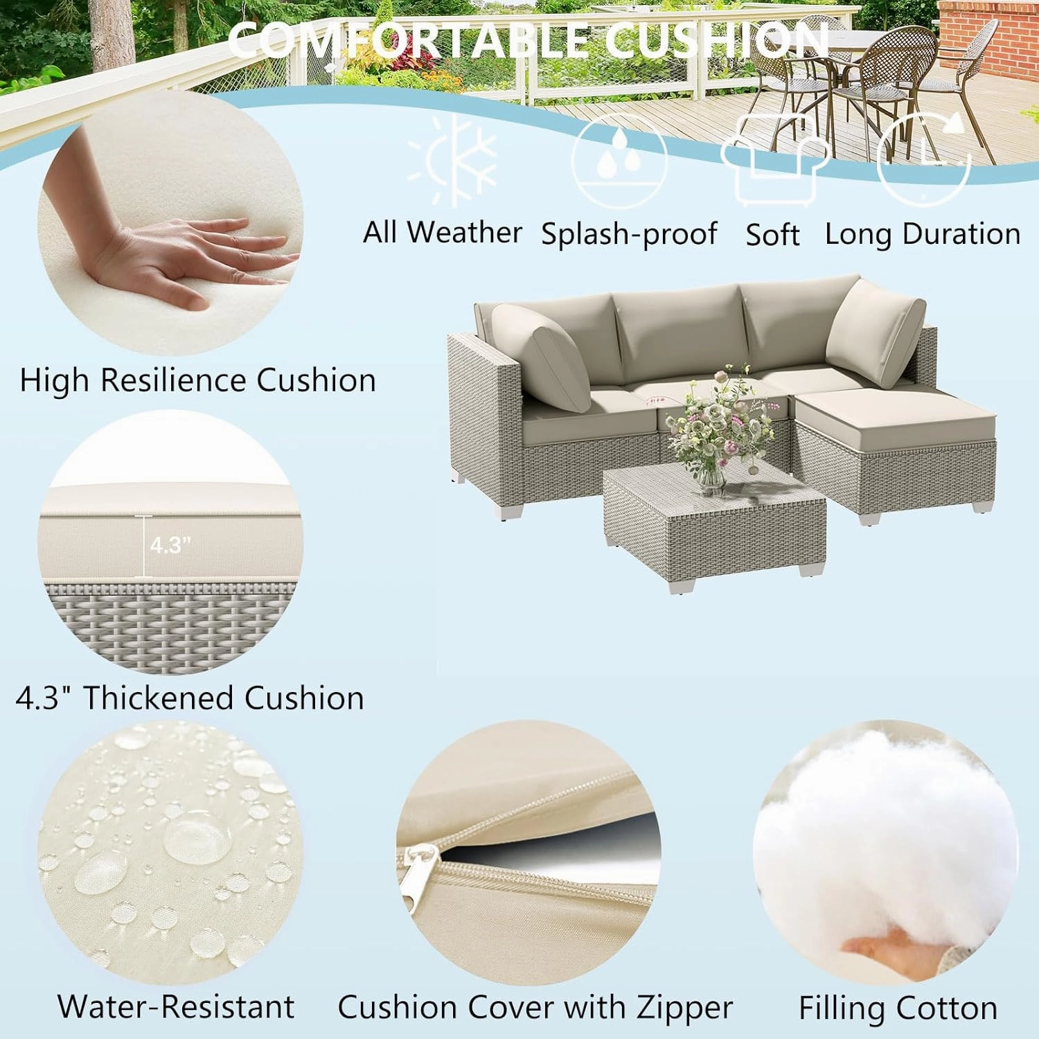 5 Piece Outdoor Patio Furniture Set with Ottoman & Tempered Glass Table - Rattan 3-Seater Patio Sectional Furniture Couch Set, Outdoor Conversation Sofa