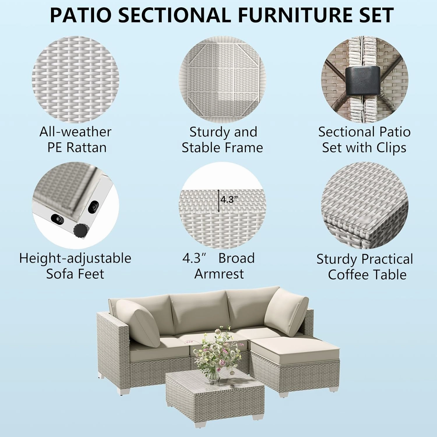 5 Piece Outdoor Patio Furniture Set with Ottoman & Tempered Glass Table - Rattan 3-Seater Patio Sectional Furniture Couch Set, Outdoor Conversation Sofa