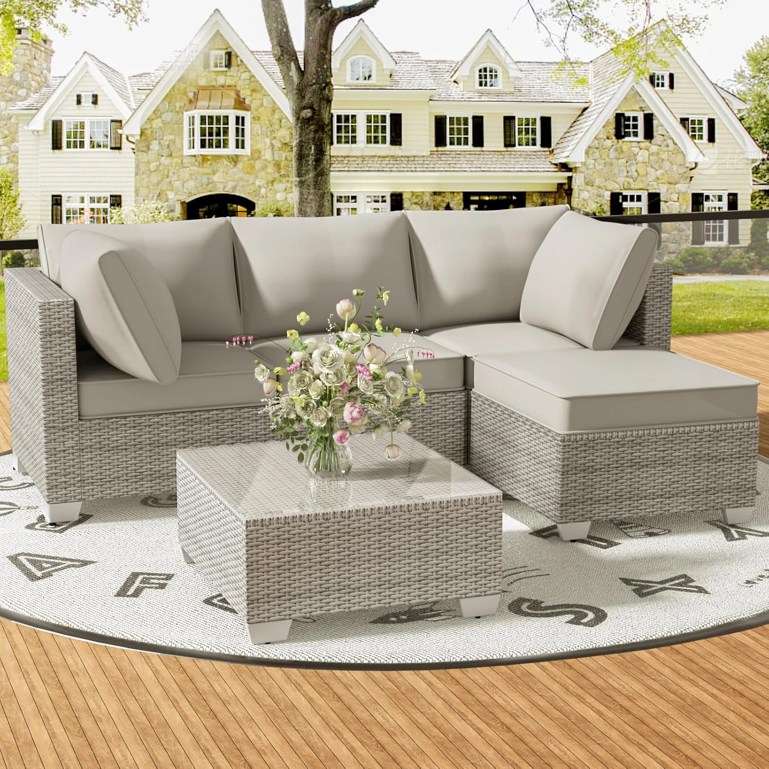 5 Piece Outdoor Patio Furniture Set with Ottoman & Tempered Glass Table - Rattan 3-Seater Patio Sectional Furniture Couch Set, Outdoor Conversation Sofa