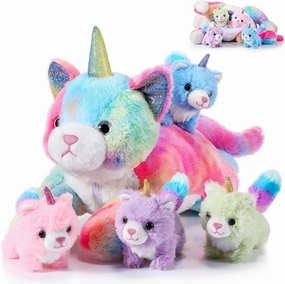 5 Pieces Caticorn Plush Toy Set 16 Inch Mommy Cat Unicorn Stuffed Animal with 4 Cute Plush Baby Kittens for Boys Girls Rainbow Caticorn Toy Set for Birthday Gifts Party Favors