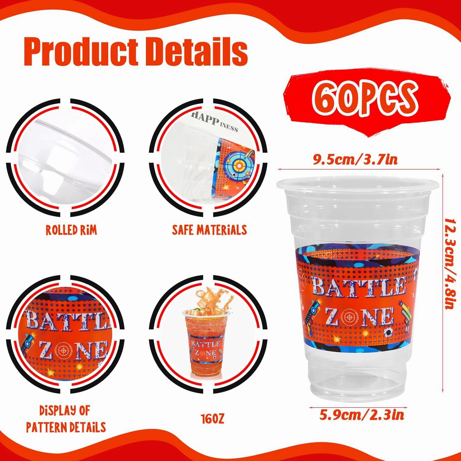 60 Pieces 16oz Dart War Party Supplies,Dart War Game Disposable Plastic Cups Set for Boys Gun Themed Birthday Party Decorations(Dart War cups)